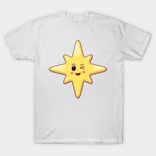 Cartoon Kawaii Christmas Star with Winking Face T-Shirt